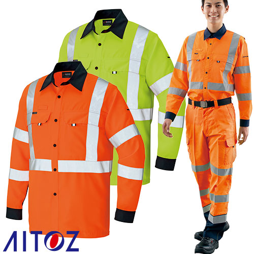 ◎商品名：長袖シャツ◎メーカー：アイトス（AITOZ）◎品番：AZ-2735◎カラー：091ハイパーイエロー×ネイビー、093ハイパーオレンジ×ネイビー◎サイズ：S、M、L、LL、3L、4L、5L、6