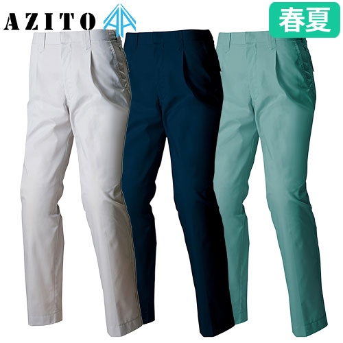 ◎商品名：シャーリングワークパンツ（1タック）◎メーカー：アイトス（AITOZ）◎品番：AZ-3450◎カラー：003シルバーグレー、008ネイビー、015グリーン◎サイズ：S、M、L、LL、3L、4