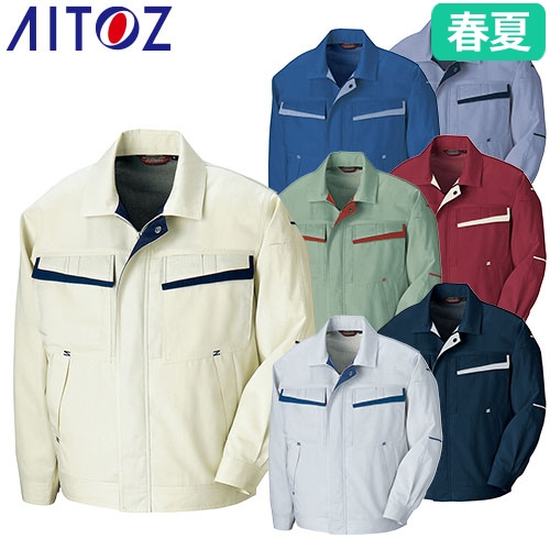 ◎商品名：長袖サマーブルゾン（配色）◎メーカー：アイトス（AITOZ）◎品番：AZ-5570◎カラー：001アイボリー×ディープネイビー、003Sグレー×Rブルー、005アースグリーン×ワインレッド、
