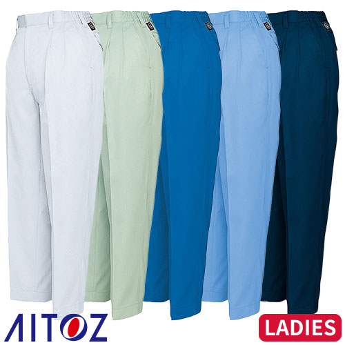 ◎商品名：レディースシャーリングパンツ（2タック）◎メーカー：アイトス（AITOZ）◎品番：AZ-6363◎カラー：003シルバーグレー、005アースグリーン、006ロイヤルブルー、007サックス、0