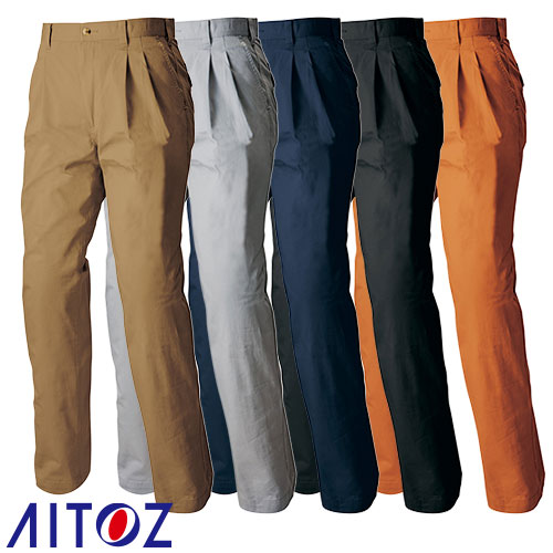 ◎商品名：ワークパンツ（2タック）◎メーカー：アイトス（AITOZ）◎品番：AZ-6542◎カラー：002ベージュ、004グレー、008ネイビー、044チャコール、063オレンジ◎サイズ：73、76、