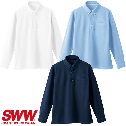 ◎商品名：長袖ポロシャツ◎メーカー：ビッグボーン◎品番：SW545◎カラー：10 ホワイト、50 サックス、56 ネイビー◎サイズ：SS、S、M、L、LL、EL、4L、5L◎素材：裏鹿の子＿綿52%・