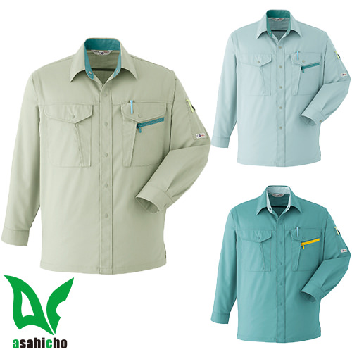 ◎商品名：長袖シャツ◎メーカー：Asahicho◎品番：A4◎カラー：6 カーキグリーン、10 アイスグリーン、117 ミントグリーン◎サイズ：S、M、L、LL、3L、4L、5L、6L◎規格：制電防止