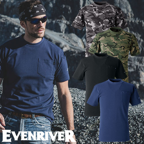 ◎商品名：ヘビーウェイトTシャツ（半袖）◎メーカー：イーブンリバー(EVENRIVER)◎品番：NRS116◎カラー：04 ネイビー、05 ブラック、15 カモグリーン、45 カモグレー◎サイズ：M、