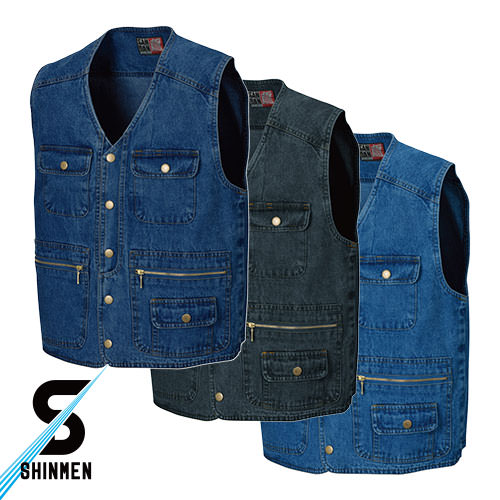 ◎商品名：スラブデニムベスト◎メーカー：シンメン◎品番：820◎カラー：05.ネイビー、06.ブラック、30.ブルー◎サイズ：M、L、LL、3L◎素材：綿100％◎商品説明：・天然繊維ならではの肌触り