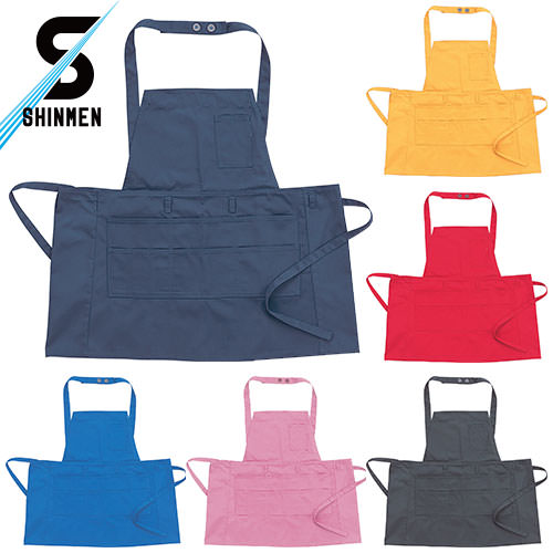 ◎商品名：胸付ショートエプロン◎メーカー：シンメン◎品番：AP8◎カラー：05.ネイビー、06.ブラック、15.レッド、19.イエロー、20.ピンク、30.ブルー◎サイズ：F◎素材：ポリエステル65％