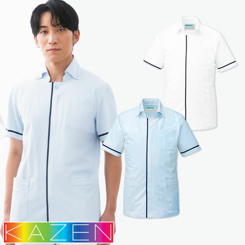 ◎商品名：メンズジャケット半袖◎メーカー：KAZEN(カゼン)◎品番：095-21、095-28◎カラー：21 サックス×ネイビー、28 ホワイト×ネイビー◎サイズ：S、M、L、LL、3L、4L、5L