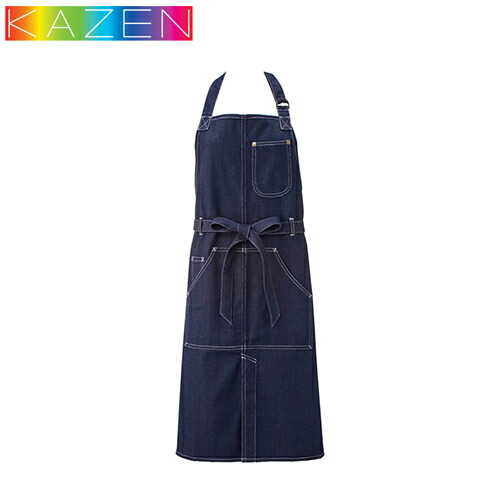 ◎商品名：胸当てエプロン◎メーカー：KAZEN(カゼン)◎品番：APK784-98◎カラー：98 インディゴブルー◎サイズ：フリー◎素材：アクアティック（綿100％）◎仕様：左胸・中央にポケット付き、
